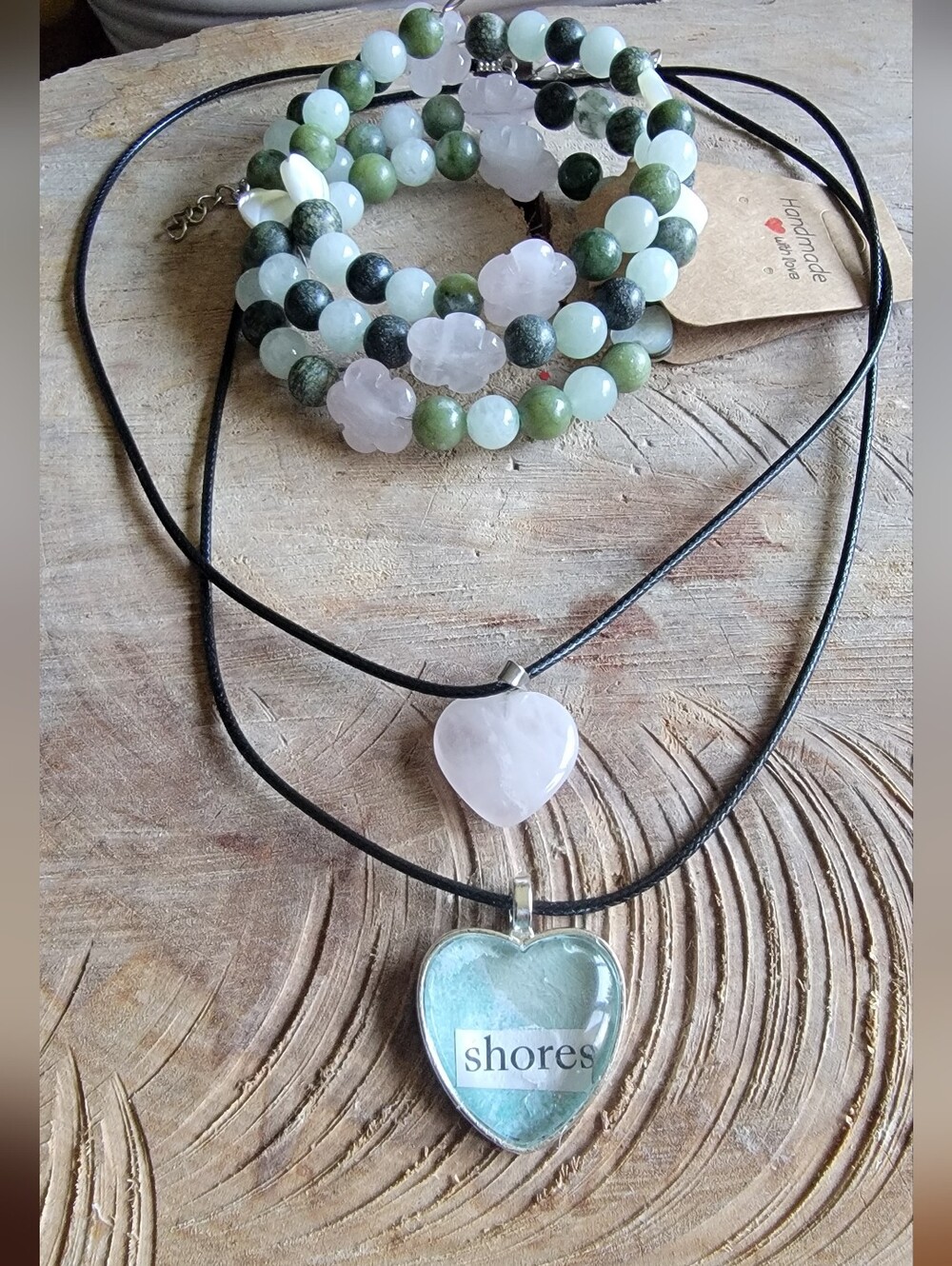 Handcrafted Set Of 3 Rose Quartz Heart, Cabochon, Stone Coil Bracelet Jewelry